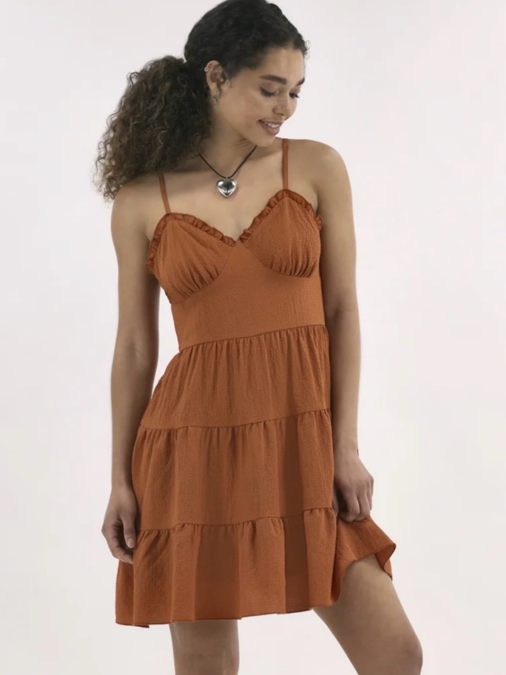 No Boundaries Rust Tiered Mini Sundress with Ruffle Bust